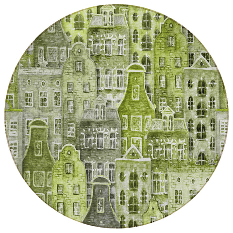 8' Green And Lime Green Round Village Houses Washable Indoor Outdoor Area Rug