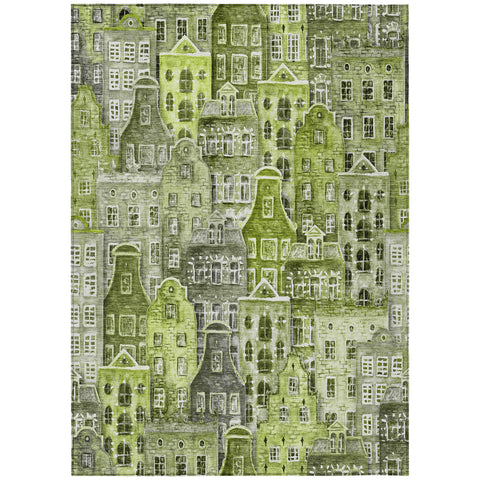 8' X 10' Green And Lime Green Village Houses Washable Indoor Outdoor Area Rug