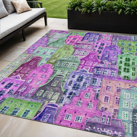 5' X 8' Purple Lilac And Green Village Houses Washable Indoor Outdoor Area Rug