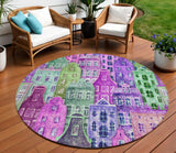 8' Purple Lilac And Green Round Village Houses Washable Indoor Outdoor Area Rug