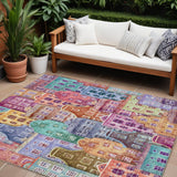 8' X 10' Red Gold And Teal Blue Village Houses Washable Indoor Outdoor Area Rug