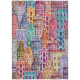 8' X 10' Red Gold And Teal Blue Village Houses Washable Indoor Outdoor Area Rug