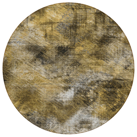 8' Brown Beige And Gold Round Abstract Washable Indoor Outdoor Area Rug