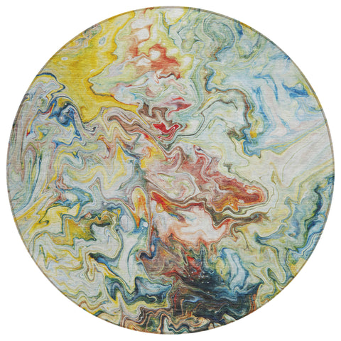 8' Ivory Blue And Yellow Round Abstract Washable Indoor Outdoor Area Rug
