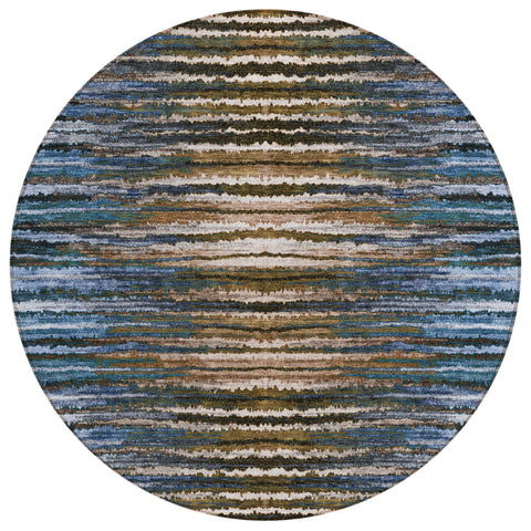 8' Blue Brown And Sky Blue Round Striped Washable Indoor Outdoor Area Rug