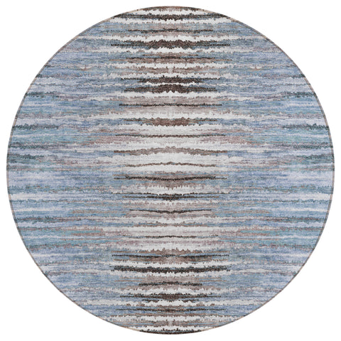8' Sky Blue And Denim Blue Round Striped Washable Indoor Outdoor Area Rug