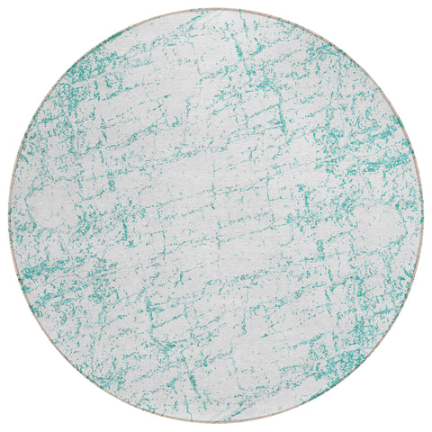8' Teal Blue And Ivory Round Abstract Washable Indoor Outdoor Area Rug