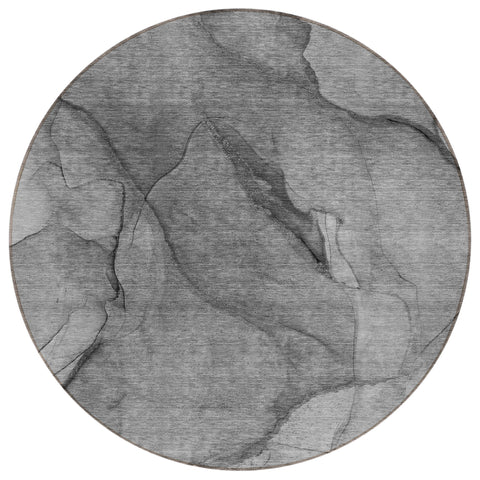 8' Gray Silver And Charcoal Round Abstract Washable Indoor Outdoor Area Rug
