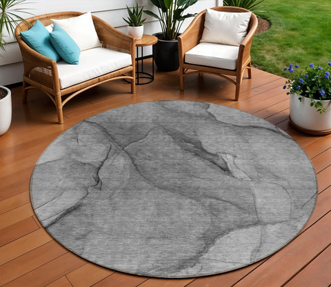 8' Gray Silver And Charcoal Round Abstract Washable Indoor Outdoor Area Rug