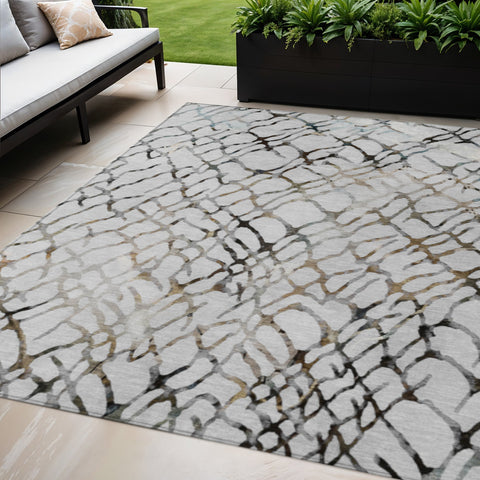 5' X 8' Silver Gray And Charcoal Abstract Washable Indoor Outdoor Area Rug