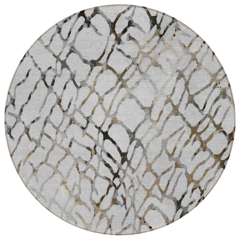 8' Silver Gray And Charcoal Round Abstract Washable Indoor Outdoor Area Rug