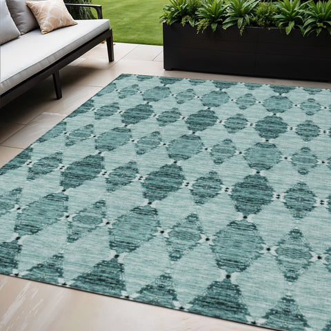 5' X 8' Teal Blue Aqua And Charcoal Moroccan Washable Indoor Outdoor Area Rug