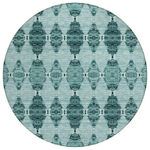 8' Teal Blue Aqua And Charcoal Round Moroccan Washable Indoor Outdoor Area Rug