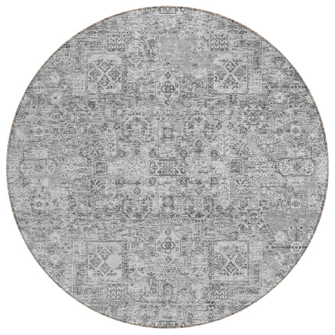 8' Gray Silver And Charcoal Round Floral Washable Indoor Outdoor Area Rug