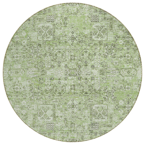 8' Artichoke Green And Olive Green Round Floral Washable Indoor Outdoor Area Rug