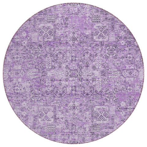 8' Lilac And Purple Round Floral Washable Indoor Outdoor Area Rug