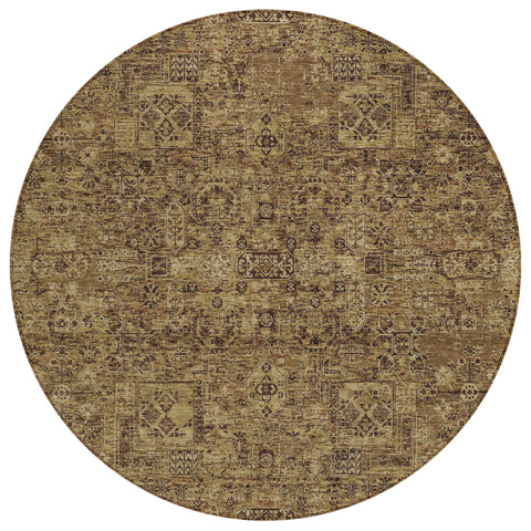 8' Brown And Taupe Round Floral Washable Indoor Outdoor Area Rug