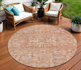 8' Salmon Orange And Gray Round Floral Washable Indoor Outdoor Area Rug