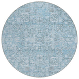 8' Sky Blue And Denim Blue Round Floral Washable Indoor Outdoor Area Rug
