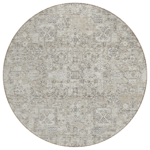 8' Taupe Beige And Gray Round Floral Washable Indoor Outdoor Area Rug