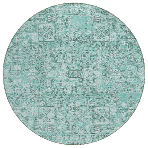 8' Teal Blue Aqua And Gray Round Floral Washable Indoor Outdoor Area Rug