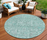 8' Teal Blue Aqua And Gray Round Floral Washable Indoor Outdoor Area Rug