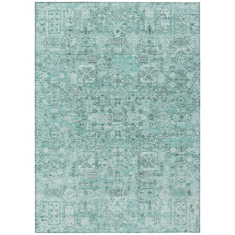 8' X 10' Teal Blue Aqua And Gray Floral Washable Indoor Outdoor Area Rug