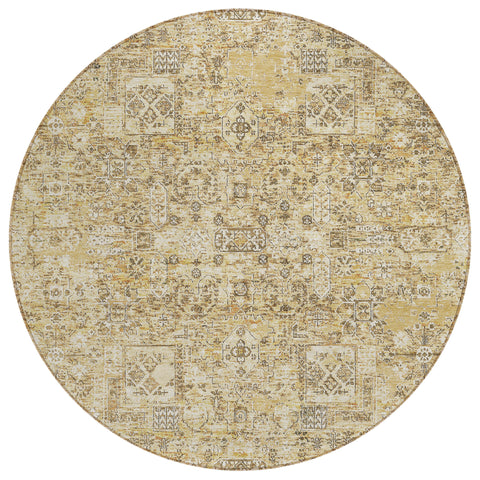 8' Wheat Beige And Gray Round Floral Washable Indoor Outdoor Area Rug