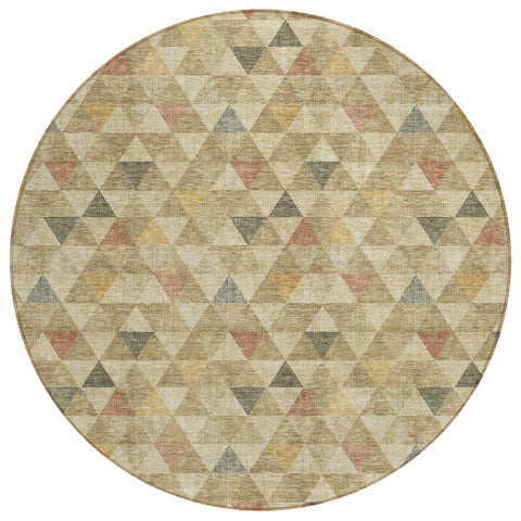 8' Beige Tan And Taupe Round Geometric Washable Indoor Outdoor Area Rug