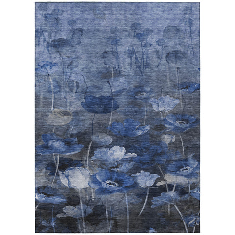 3' X 5' Navy Blue And Denim Blue Floral Washable Indoor Outdoor Area Rug