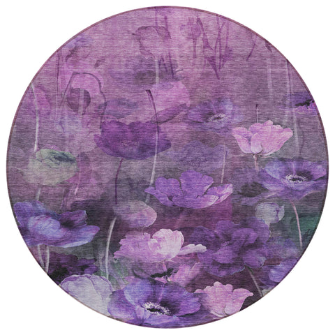 8' Purple Eggplant And Lavender Round Floral Washable Indoor Outdoor Area Rug