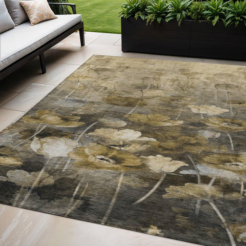 5' X 8' Taupe Beige And Tan Floral Washable Indoor Outdoor Area Rug