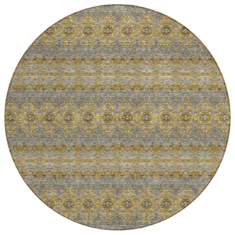 8' Gold Gray And Silver Round Floral Medallion Washable Indoor Outdoor Area Rug
