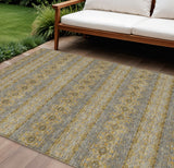 8' X 10' Gold Gray And Silver Floral Medallion Washable Indoor Outdoor Area Rug