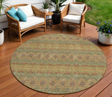 8' Artichoke Green And Olive Green Round Floral Medallion Washable Indoor Outdoor Area Rug