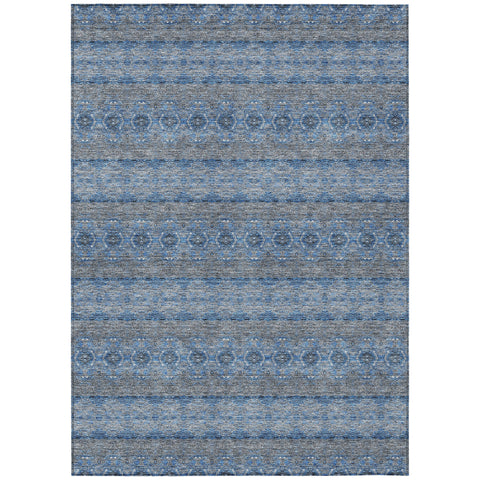 3' X 5' Navy Blue And Sky Blue Floral Medallion Washable Indoor Outdoor Area Rug