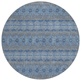 8' Navy Blue And Sky Blue Round Floral Medallion Washable Indoor Outdoor Area Rug