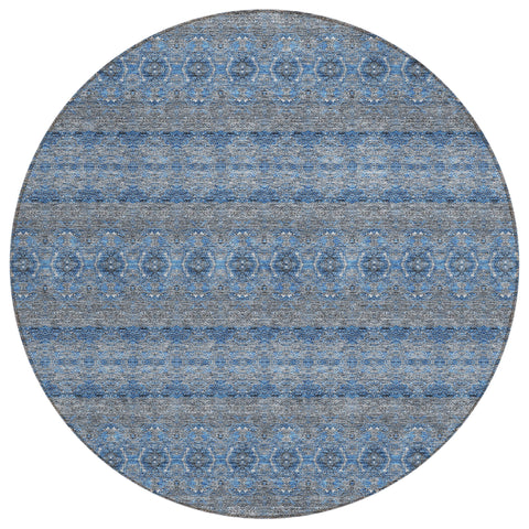 8' Navy Blue And Sky Blue Round Floral Medallion Washable Indoor Outdoor Area Rug