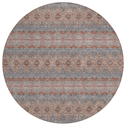 8' Orange Copper And Gray Round Floral Medallion Washable Indoor Outdoor Area Rug