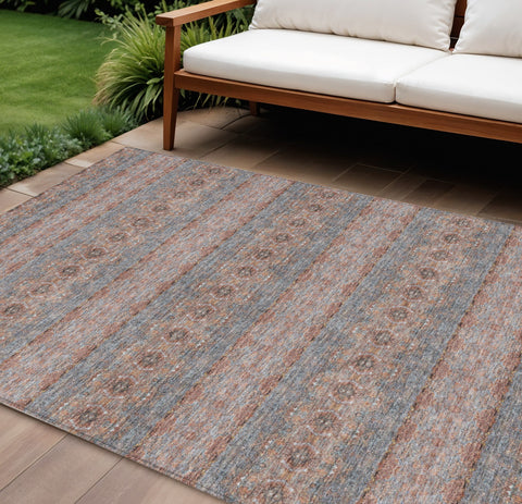 8' X 10' Orange Copper And Gray Floral Medallion Washable Indoor Outdoor Area Rug