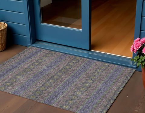 3' X 5' Purple Plum And Gold Floral Medallion Washable Indoor Outdoor Area Rug