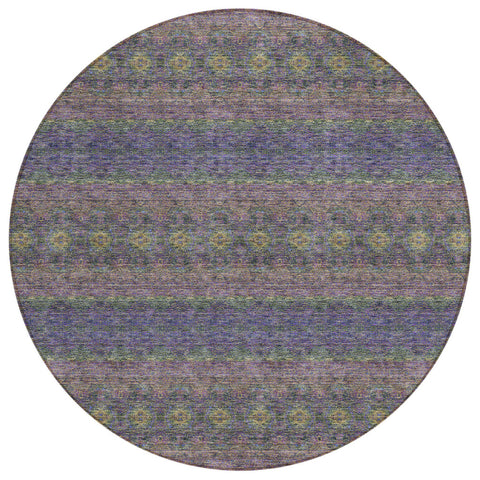 8' Purple Plum And Gold Round Floral Medallion Washable Indoor Outdoor Area Rug