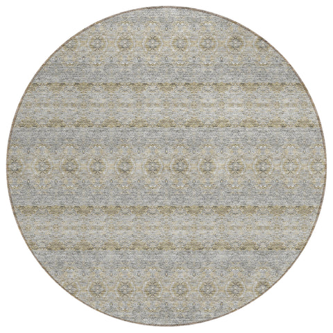 8' Silver Gray And Gold Round Floral Medallion Washable Indoor Outdoor Area Rug