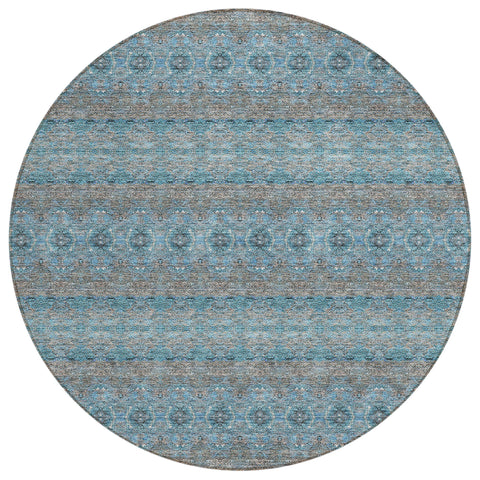 8' Teal Blue Aqua And Gray Round Floral Medallion Washable Indoor Outdoor Area Rug