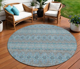 8' Teal Blue Aqua And Gray Round Floral Medallion Washable Indoor Outdoor Area Rug