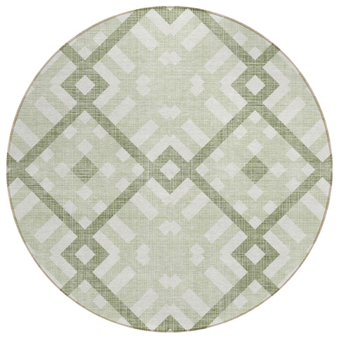 8' Artichoke Green And Olive Green Round Geometric Washable Indoor Outdoor Area Rug