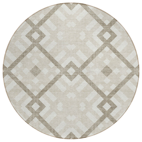 8' Beige Tan And Ivory Round Geometric Washable Indoor Outdoor Area Rug