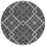 8' Charcoal Gray And Silver Round Geometric Washable Indoor Outdoor Area Rug