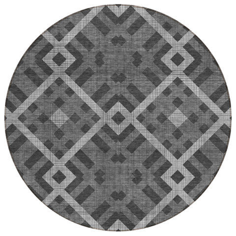 8' Charcoal Gray And Silver Round Geometric Washable Indoor Outdoor Area Rug