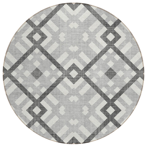 8' Gray Charcoal And Ivory Round Geometric Washable Indoor Outdoor Area Rug